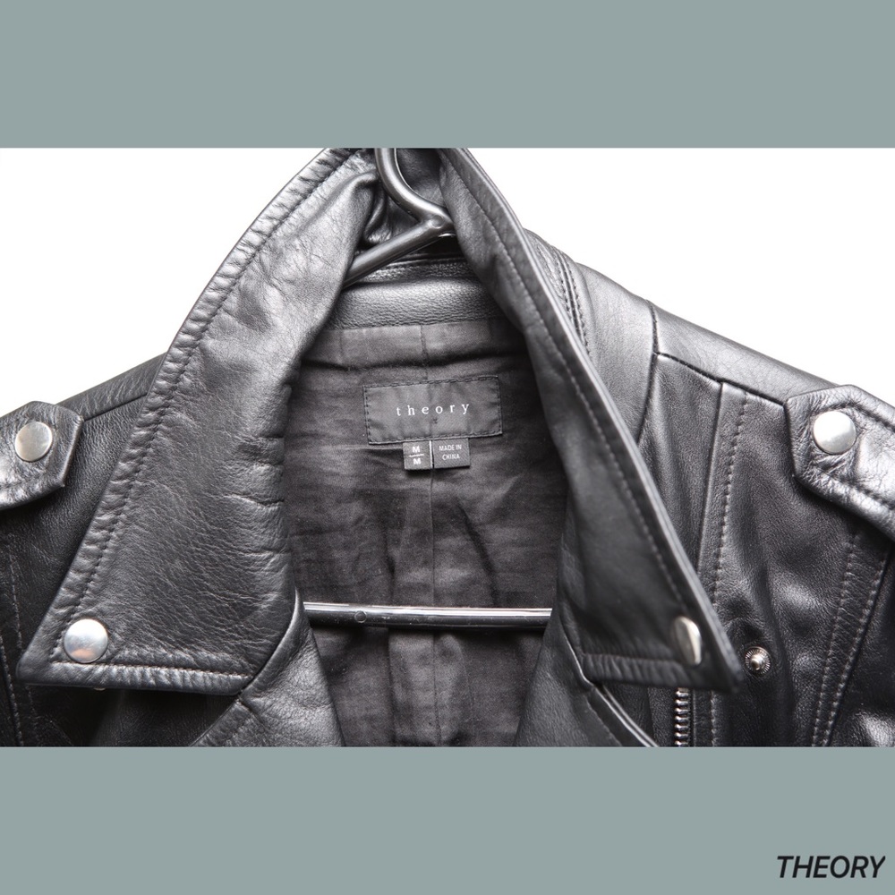 Theory Men’s Black Leather Medium Biker Jacket - Picture 3 of 7